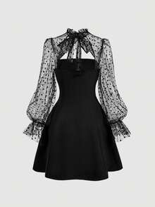 SHEIN MOD Women's Elegant Black Polka Dot Mesh Flare Long Sleeve Dress,Turtleneck Tie Neck Bow,Autumn Classy Party Graduation Date Puffy Dress,Valentine's Day - Black - View 2