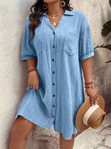 Breezaya Plus Size Button Up Pocket Solid Color Dress - Baby Blue - View 4