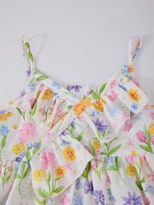 SHEIN 两件套：少女休闲粉色荷叶边吊带背心和蓝色做旧牛仔短裤，配格子腰带，百搭时尚日常装 - 彩色 - 查看 5