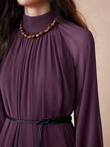 Arave Women's Elegant Loose Fit Long Chiffon Dress With Stand Collar And Layered Ruffle Hem, Suitable For Dates - Purple - View 9