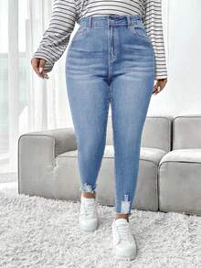 SHEIN ICON Plus Size Solid Color Casual Jeans - Light Wash - View 3