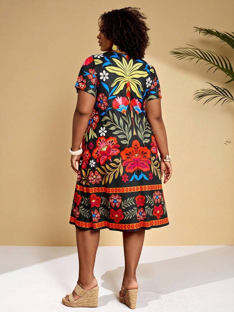 Plus Size Women's Tropical Plant Print Short Sleeve Pocket Dress, Summer,Floral Dresses For Women,Summer Holiday Outfits