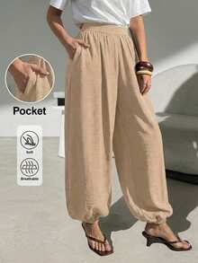 Lavishia Women's Casual Balloon Pants, Comfortable & Versatile Coffee Color Long Pants, Spring/Summer - Khaki - View 11