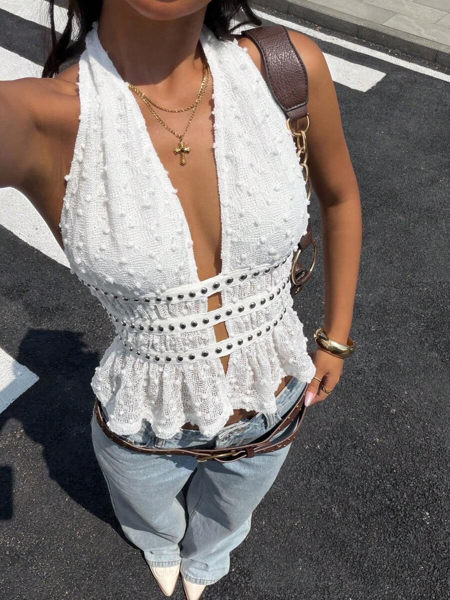 Muchica Top halter sin espalda de punto blanco con adornos de perlas para mujer - Blanco - Ver 1