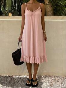 DAZY Lace Patchwork Sleeveless Solid Color Women's Nightgown' Pajama - Pink - View 3
