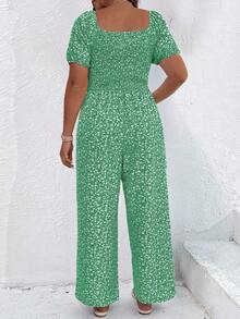 SHEIN Clasi Plus Size Ditsy Floral Square Neck Short Sleeve Jumpsuit - Green - View 2