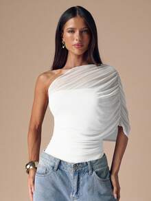 SHEIN BAE Autumn/Winter Solid Apricot Asymmetric Asymmetrical Shoulder Elegant Bodysuit For Women, Minimalist Basic Fitted Top With Sheer Wrap Ruched - White - View 7