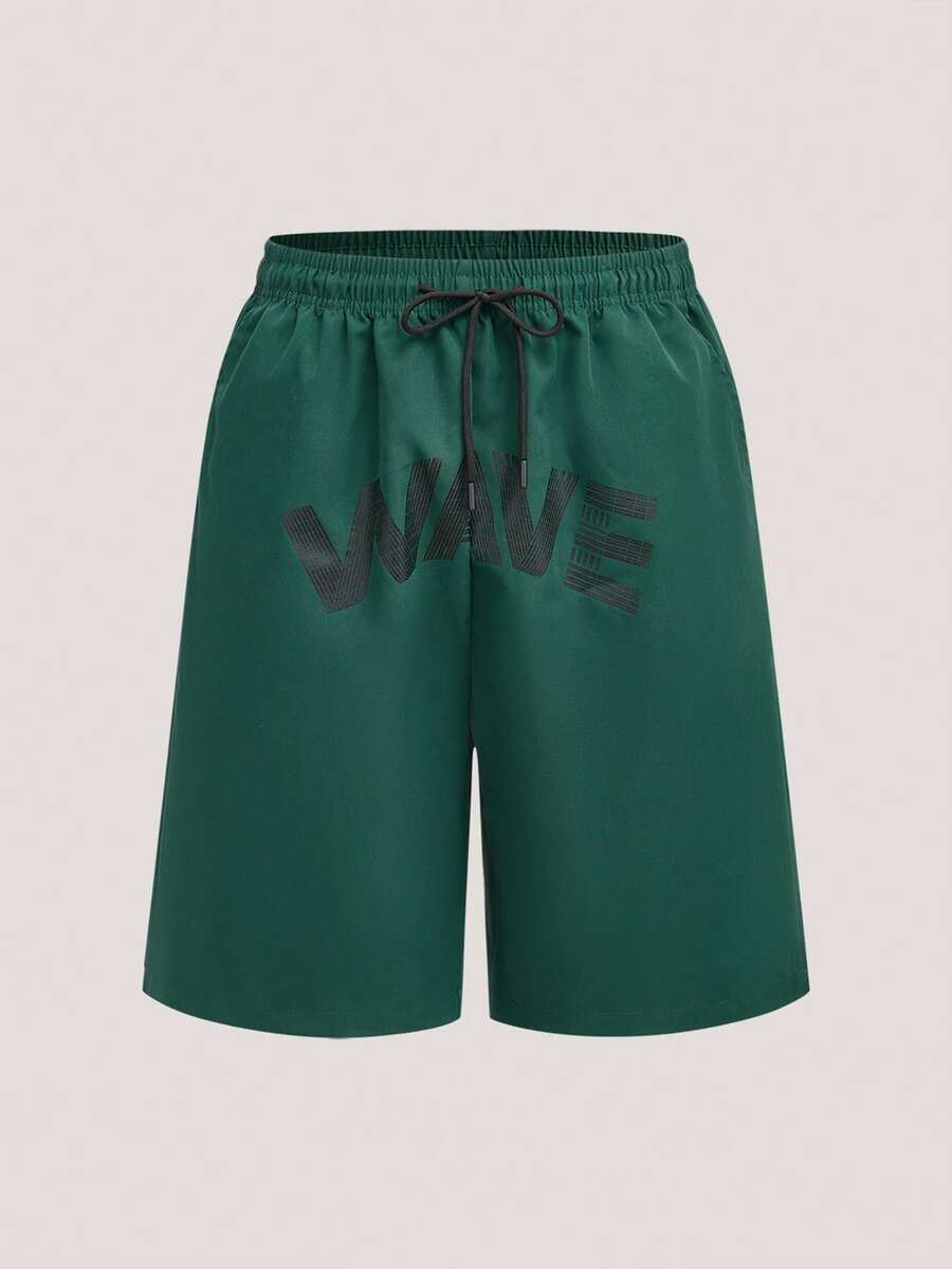 Driftmere 男士休闲字母印花短裤，夏季 - 綠色 - 查看 1