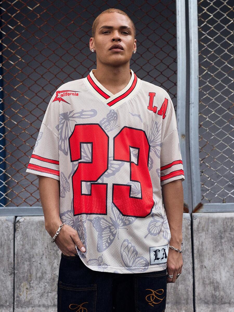 EVRINFINITE 男士街頭運動風黑紅配色大號版型T恤,大號「23」印花,球衣款,夏季休閒 - 杏色 - 查看 1