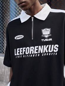 EVRINFINITE Men's Summer Zipper Half Placket Short Sleeve Casual & Commuting Polo Shirt With Letter Print - Black - View 5