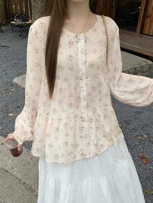 Women's Ditsy Floral A-Line Pleated Casual Loose Shirt Boho - Apricot - View 5