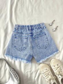 SHEIN Quần short jean rách gấu kiểu boho phong cách Y2K cho bé gái tuổi teen, trang phục mùa hè cho bé gái, đồ đi nghỉ mát mùa xuân hè kiểu đồng quê boho, trang phục đi biển cho bé gái, trang phục đường phố miền Tây cho bé gái, trang phục nghỉ xuân, trang phục dự tiệc rave, quần short jean lễ hội. - Rửa nhẹ - Xem 2