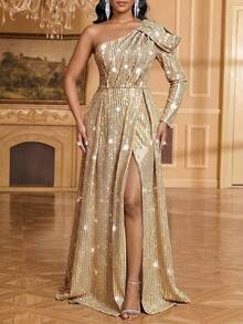 SHEIN Lady Women's Fashion Party Sequin High Slit Maxi One Shoulder Dress - Gold - View 4