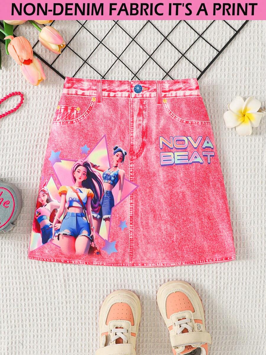 SHEIN 小女孩可爱独角兽卡通牛仔效果休闲裙 - 玫紅色 - 查看 1
