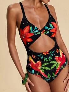 Travachic 女士度假沙滩花鸟印花扭结镂空连体泳衣 - 彩色 - 查看 1