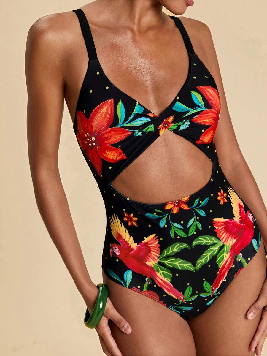 Travachic 女士度假沙滩花鸟印花扭结镂空连体泳衣 - 彩色 - 查看 1