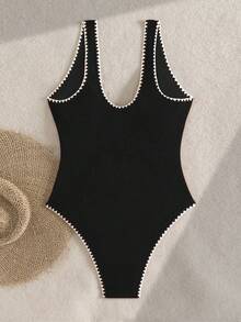 Bonvoyette Swim Swim Lushoire 橙色纹理连体泳衣，饰有贝壳图案和撞色滚边，适合夏季海滩穿着 - 黑色 - 查看 2