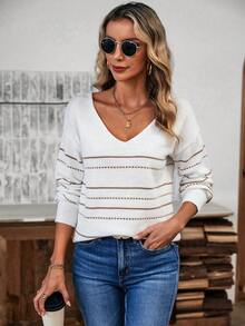 SHEIN LUNE Pull décontracté à col en V rayé coloré à manches longues pour femmes, hauts à manches longues, pull tricoté pour l'automne/l'hiver - Blanc - Voir 6