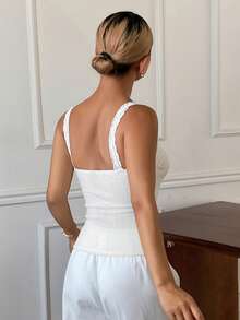 DAZY Sweet Lace Patchwork Pleated Bust Design Wide Strap Self-Padded Women Camisole - White - View 2