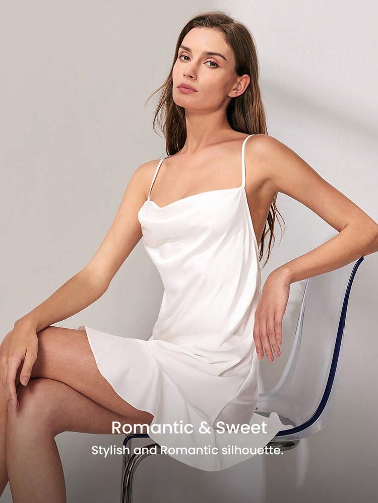 Camisola de Cetim Branco Sedoso de Verão - Design de Gola Cowl e Costas Abertas, Vestido de Loungewear Sedoso e Suave de Verão, Itens de Casamento