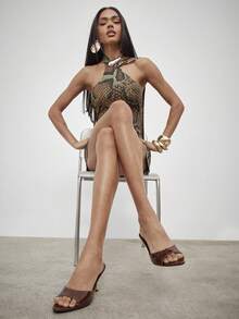 SHUZIA Women Comfortable Kitten Heel Sexy Pointy Toe Slip-On Heeled Sandals - Coffee Brown - View 5