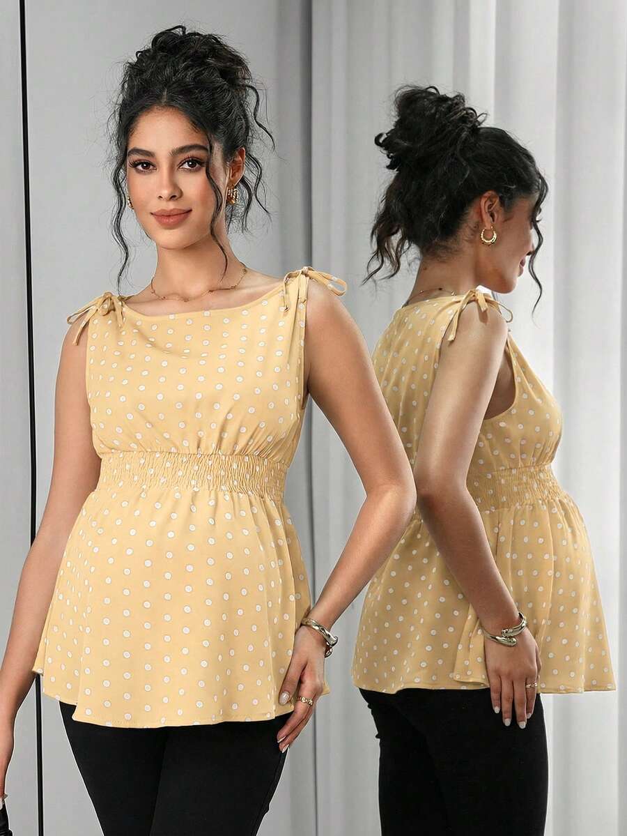 Momance Áo tank top bầu không tay, kiểu dáng xoắn phía trước, họa tiết chấm bi, thích hợp cho mùa xuân/hè. - Màu vàng - Xem 1