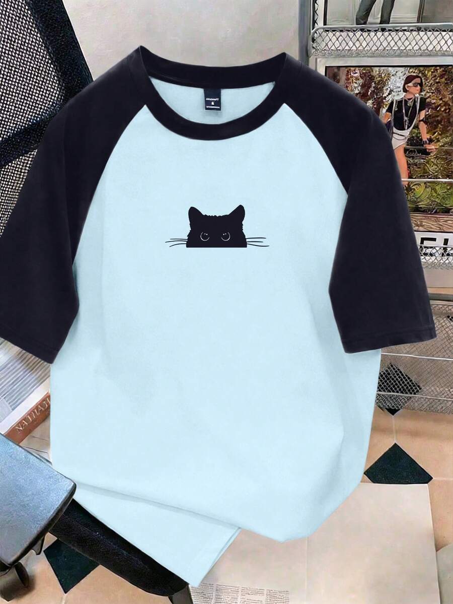 Manfinity Joysei 男士浅蓝深蓝撞色插肩袖T恤 - 彩色 - 查看 1