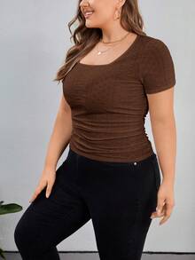 SHEIN Privé Plus Size Casual Solid Color T-Shirt, Versatile For Summer - Brown - View 5
