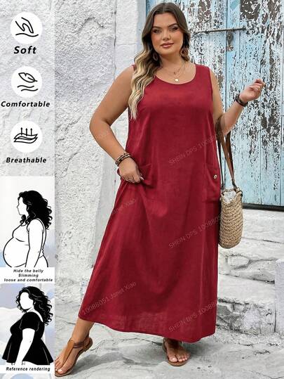 SHEIN CURVE+ Curve Size US22Music Festival, Seaside Vacation, Bohemia Women's Solid Color Round Neck Sleeveless Casual Dress With Pockets