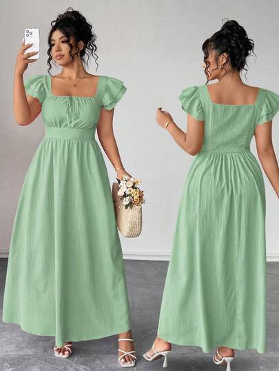 Elenzga Đầm nữ cỡ lớn cổ vuông, tay bồng xếp lớp, thắt nơ trước sau, kiểu dáng thanh lịch, ôm eo, thường ngày.