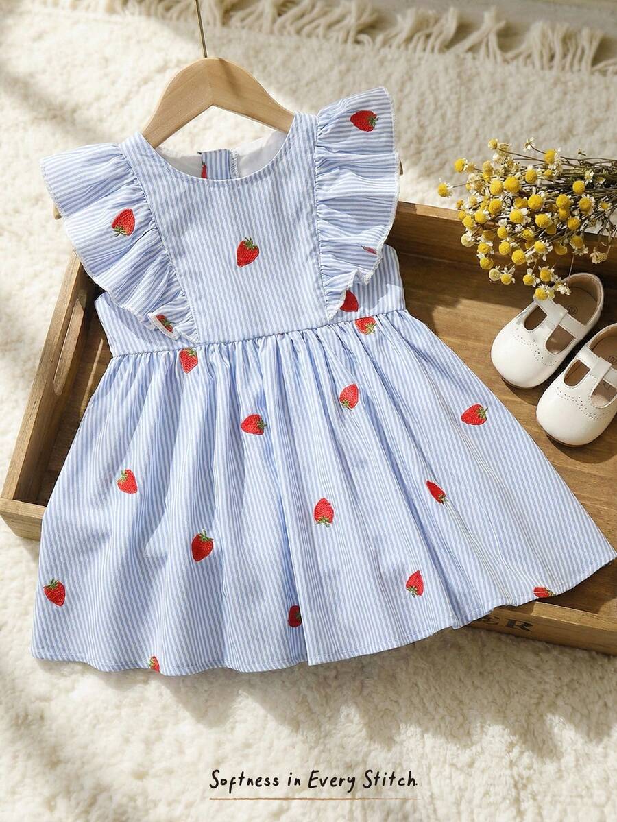 Cozy Pixies Baby Girl Strawberry Print Round Neck Short Sleeve Waist Dress,Cute Light Blue And White Summer Toddler Girls Fruit Picnic Vacation Spring Dresses - Blue - View 1