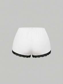 ROMWE Ribbed Lace Trim Camisole & Shorts Casual Pajama Set - Black and White - View 5