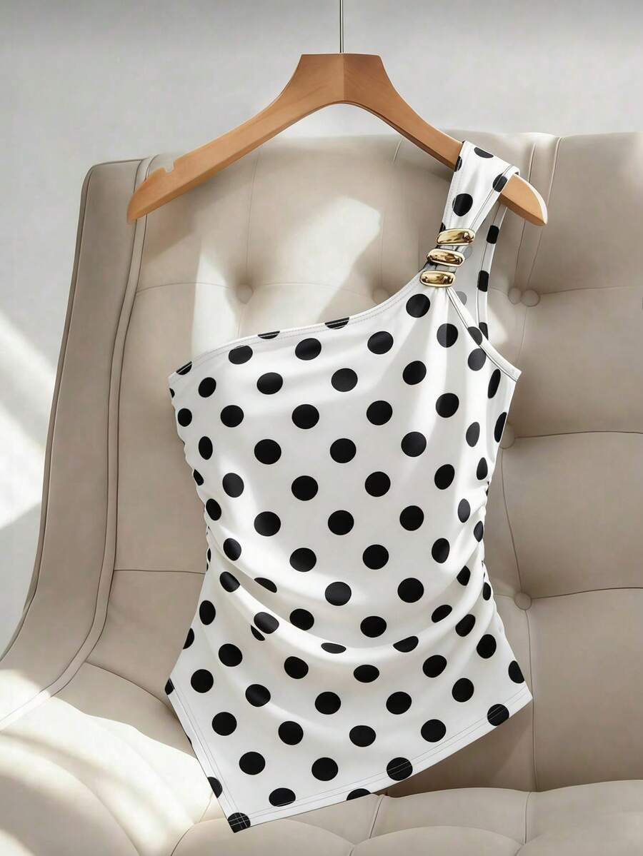 Franclia 夏季新款法式波点吊带背心，腰部金属扣设计，通勤、约会、度假百搭上衣 - 黑與白 - 查看 1