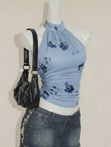 SHEIN ICON 女士露背无袖紧身不对称下摆串珠刺绣性感Y2K风短款上衣，秋冬款 - 藍色 - 查看 5