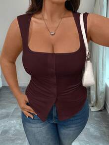 Easura Áo hai dây dệt kim cổ vuông màu trơn dáng suông cỡ lớn, áo tank top không tay xẻ tà, eo thon, phong cách mùa hè. - Màu Đỏ Sâu - Xem 5
