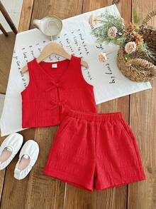 Emery Rose Kids Emery Rose Kids Bộ 2 món gồm áo cổ tròn kẻ sọc dệt kim và quần short dệt kim cho bé gái. - Đỏ - Xem 3