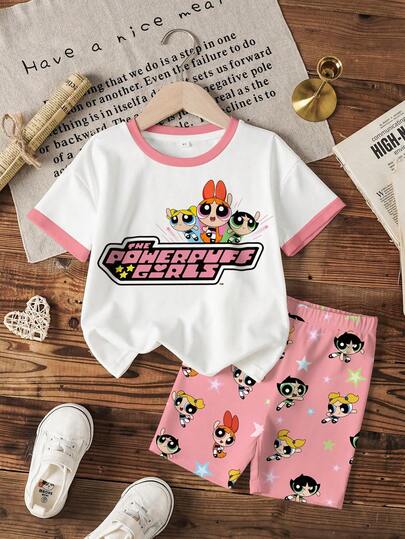 THE POWERPUFF GIRLS X SHEIN Set de 2 piezas de camiseta de manga corta y pantalones cortos con bloque de color de patrones de Blossom, Bubbles y Buttercup para niña joven