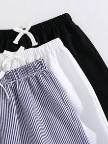 3pcs Tween Boy Loose Casual Woven Sports Workwear Shorts Set,Blue And White Striped,Summer,Beach Solid Color Simple Basic Versatile Spring Summer - Multicolor - View 3