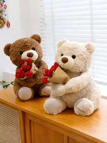 POKOJA LAND 11英寸泰迪熊玩偶，配有玫瑰花，棕色和米色可选。柔软的毛绒玩具，适合送给她/女朋友、爱人、妈妈、孩子，也可作为家居装饰品。情人节礼物佳选。适合春夏季节。 - 彩色 - 查看 2