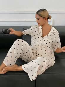 DAZY Bộ đồ ngủ nữ dáng rộng in hình trái tim, thích hợp cho mùa hè. - Màu be - Xem 3