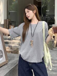 DAZY Casual Solid Color Short Sleeve T-Shirt, Versatile For Summer - Grey - View 6