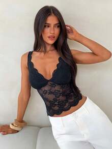 Aloruh 扇贝边蕾丝吊带背心 - 黑色 - 查看 4