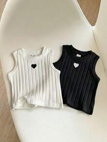 Emery Rose Kids Young Girl Heart Embroidery Ribbed Casual Round Neck Tank Top - Multicolor - View 2