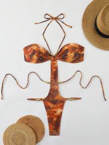 Swim SXY 随机印花串珠镂空连体泳衣 - 彩色 - 查看 4