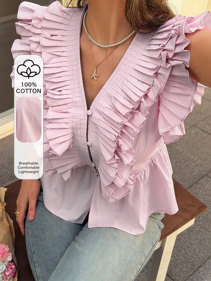 Livesso Sleeveless Ruffled Hem Cotton Blouse For Women, Suitable For Beach Holiday, Summer - Pink - View 1
