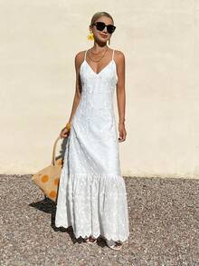 Livesso 海滩度假装扮，夏季白色纹理V领中长连衣裙，女士吊带裙 - 白色 - 查看 6