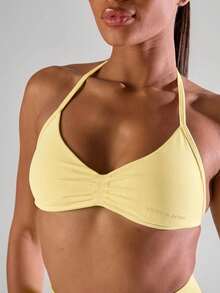 Musera Sport Solid Ruched Bust Open Back Halter Sports Bra, Active Comfy Workout Gym Running Run Club,Padel, Tennis, Pickleball Gym Fitness - Butter Yellow - View 6