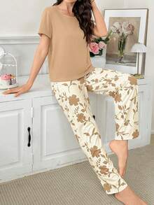 Contrast Color Casual Print Short Sleeve & Pants Women Pajama Set - Khaki - View 3