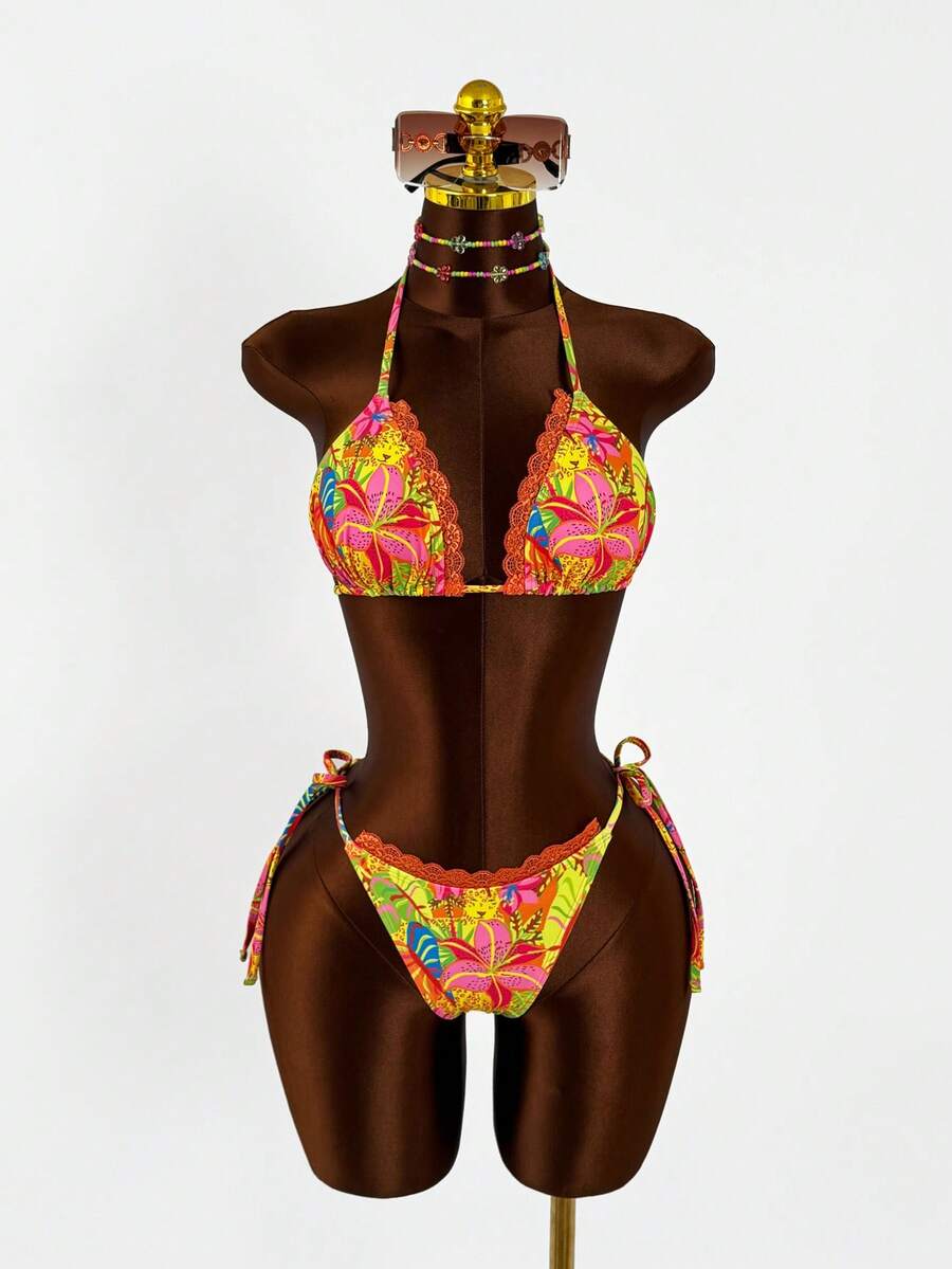Zestiva Printed Floral Trim Design Sexy Bikini Set, Popular For Spring/Summer Golf White - Multicolor - View 1