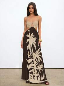 Aloruh 波西米亚风度假风撞色椰树印花系带连衣裙 - 棕色 - 查看 3